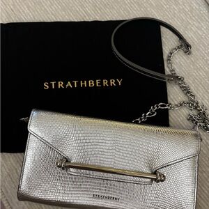Strathberry Multrees Chain Wallet in Silver Lizard Embossed Leather